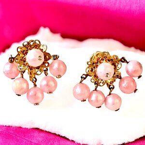 Mid Century Screw Back Earrings Pink Beads Cluster Goldtone Metal Dangling